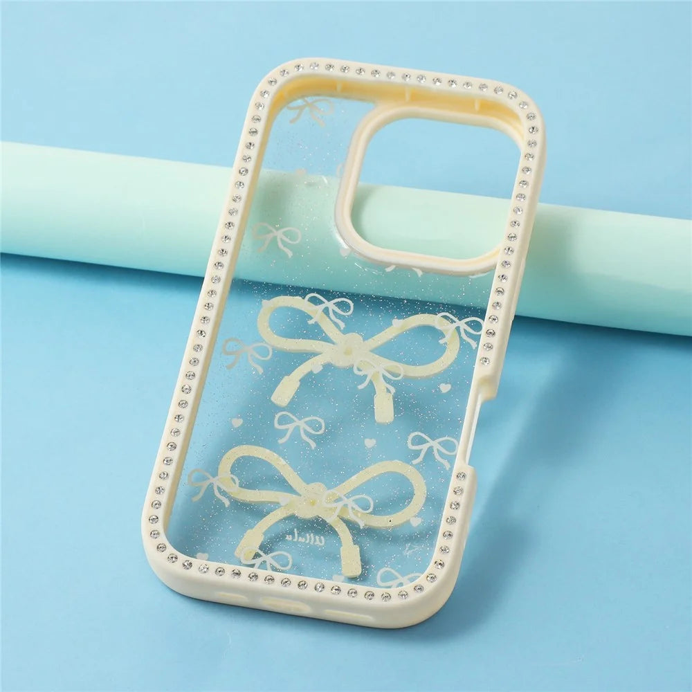 For iPhone 16 Pro Max Case Two Bow Epoxy Design TPU + PC Phone Back Cover Rhinestone Decor - Beige - 6