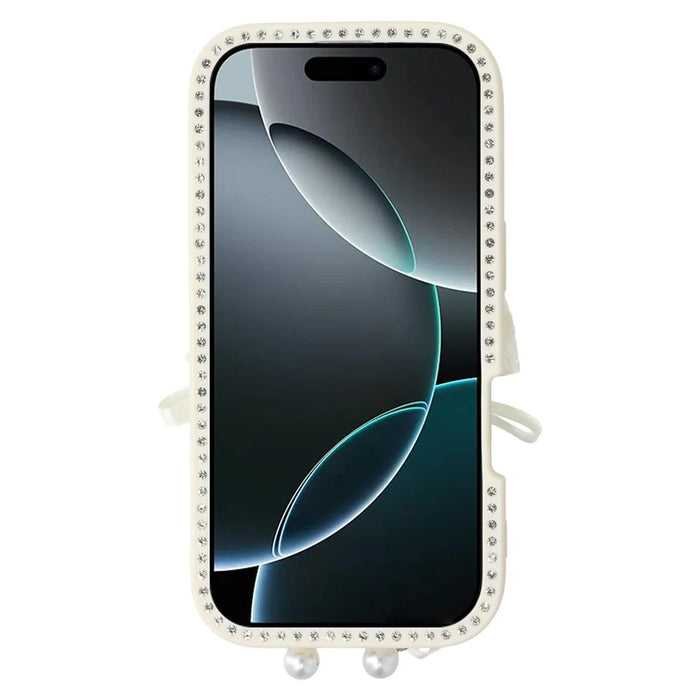 For iPhone 16 Pro Max Case Two Bow Epoxy Design TPU + PC Phone Back Cover Rhinestone Decor - Beige - 2