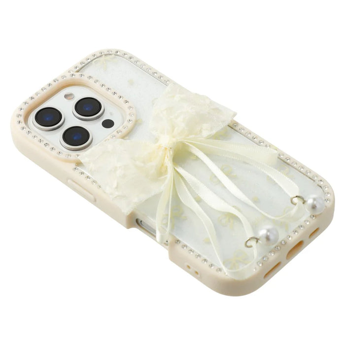 For iPhone 16 Pro Max Case Two Bow Epoxy Design TPU + PC Phone Back Cover Rhinestone Decor - Beige - 5
