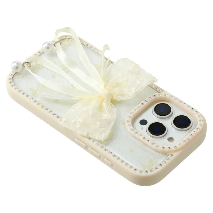 For iPhone 16 Pro Max Case Two Bow Epoxy Design TPU + PC Phone Back Cover Rhinestone Decor - Beige - 6