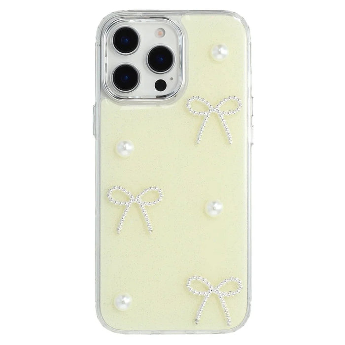 For iPhone 16 Pro Case Pearl Bow Epoxy Design TPU + PC Phone Back Cover - Light Yellow - 3