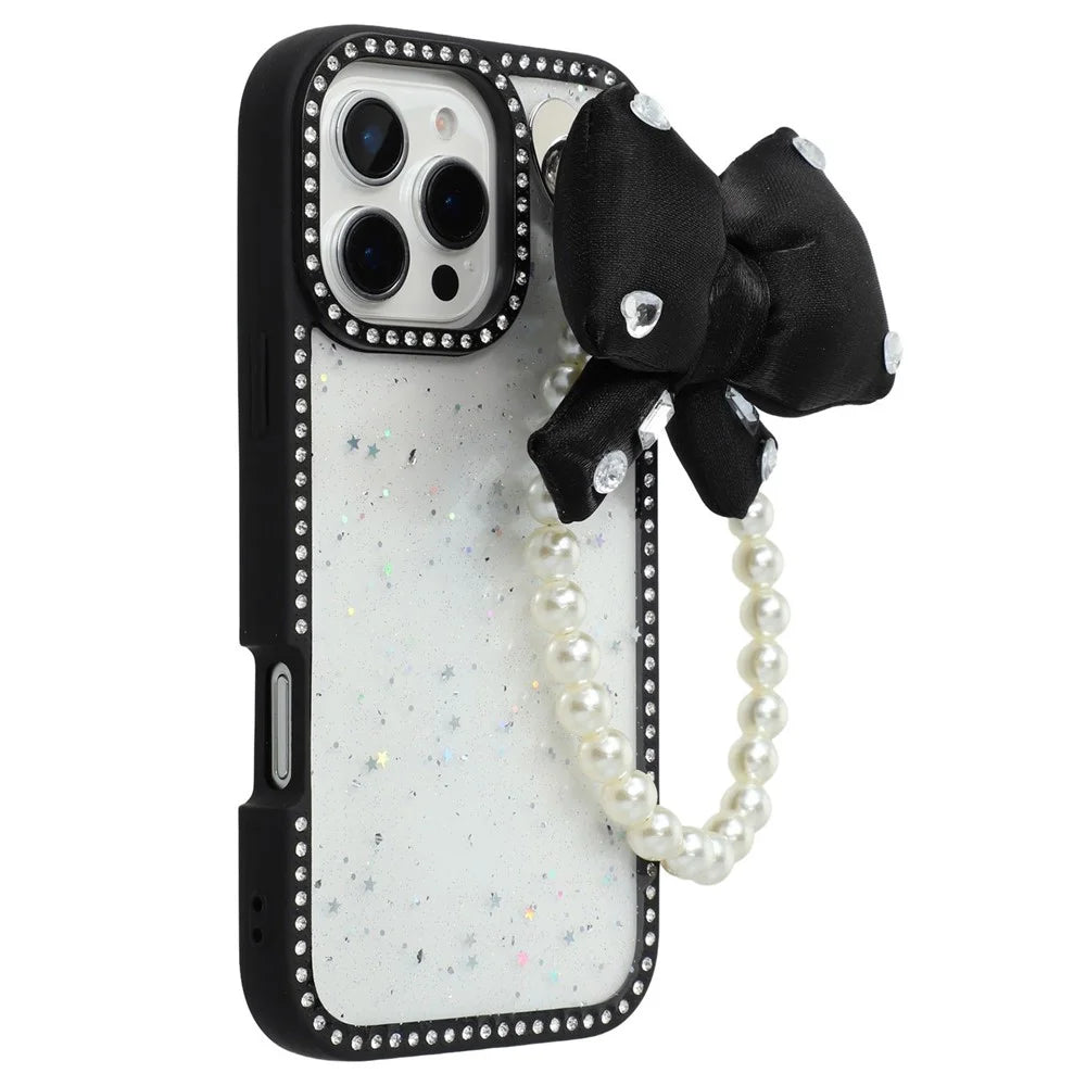 For iPhone 16 Pro Case Glitter Epoxy Design TPU + PC Phone Back Cover with Bow Strap, Rhinestone Decor - Black - 1