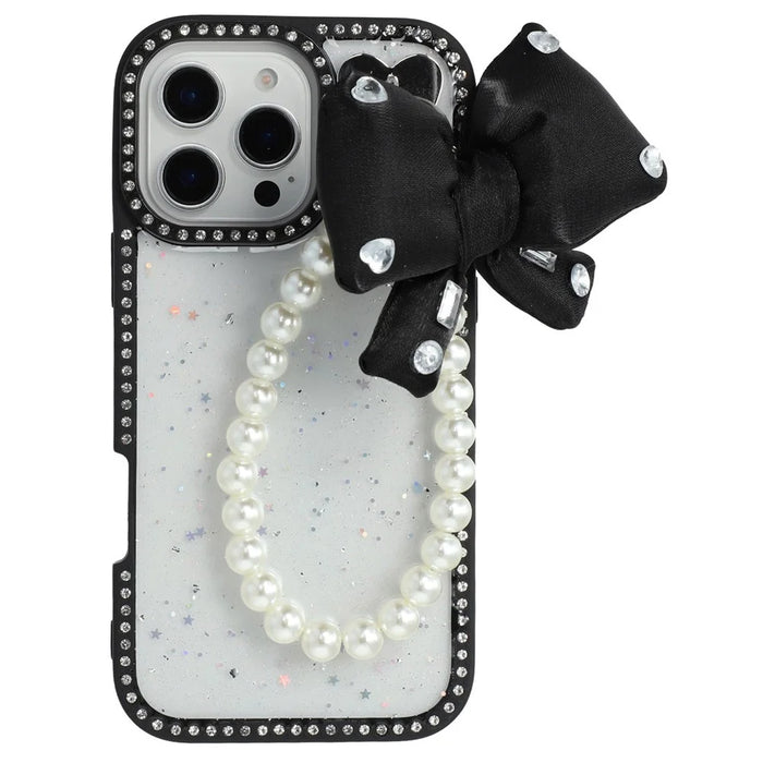For iPhone 16 Pro Case Glitter Epoxy Design TPU + PC Phone Back Cover with Bow Strap, Rhinestone Decor - Black - 3