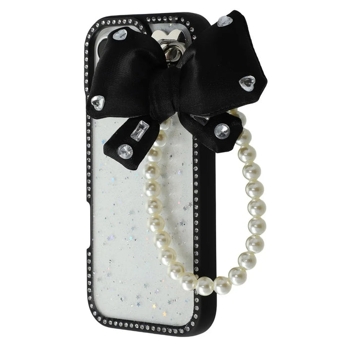 For iPhone 16 Pro Case Glitter Epoxy Design TPU + PC Phone Back Cover with Bow Strap, Rhinestone Decor - Black - 4