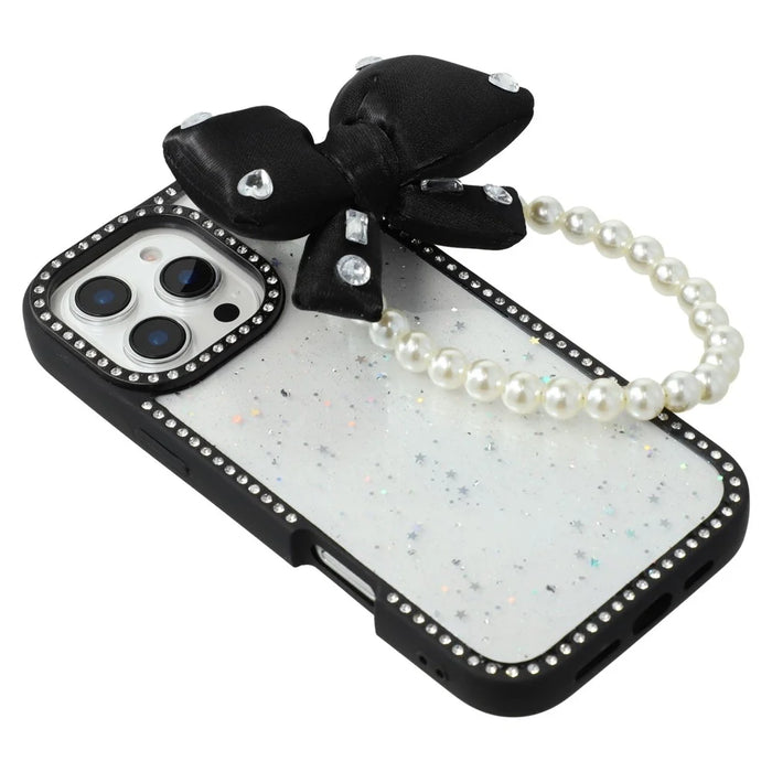 For iPhone 16 Pro Case Glitter Epoxy Design TPU + PC Phone Back Cover with Bow Strap, Rhinestone Decor - Black - 5