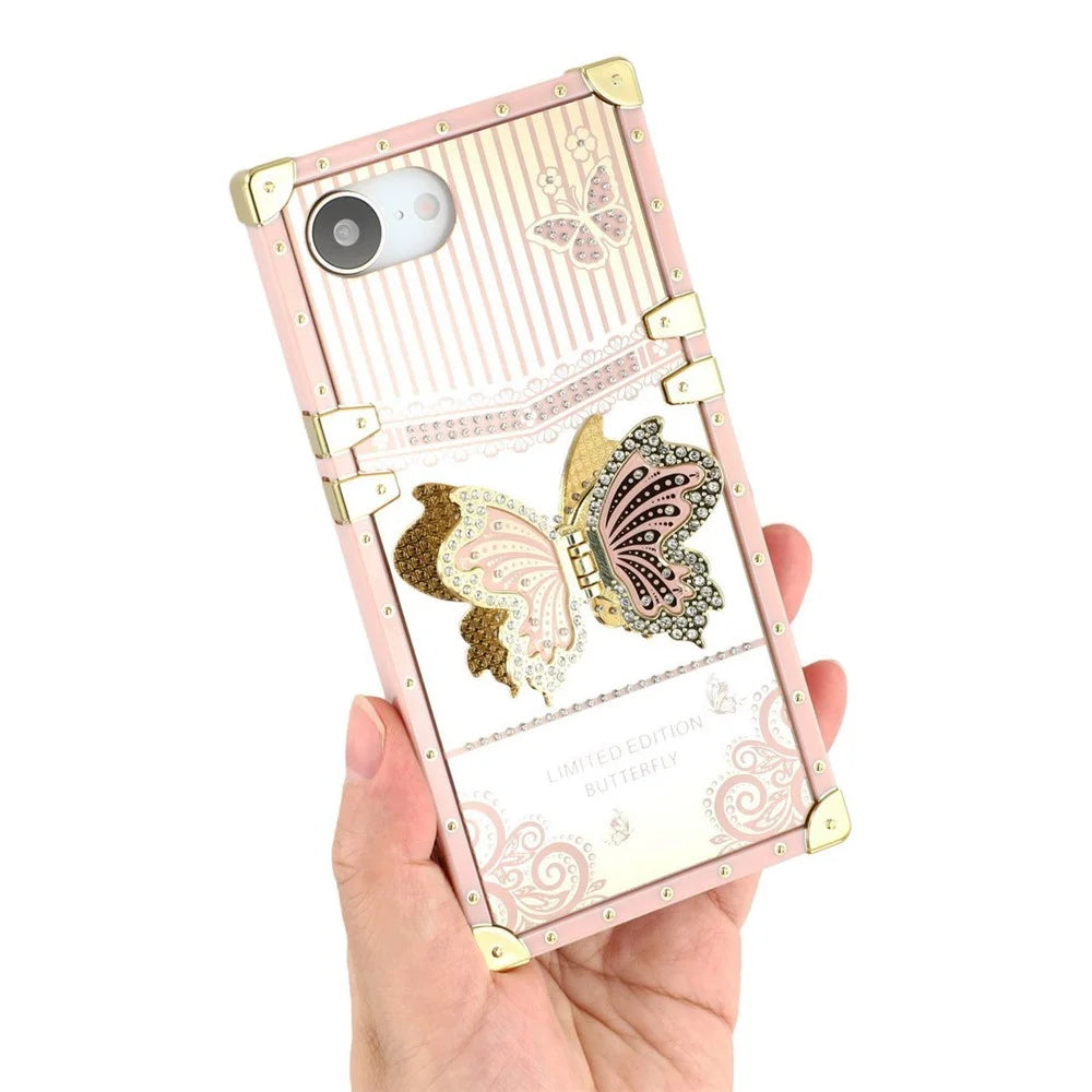 For iPhone 17e / 16e Case Electroplated TPU + PC Phone Cover with Butterfly Kickstand - Pink - 6