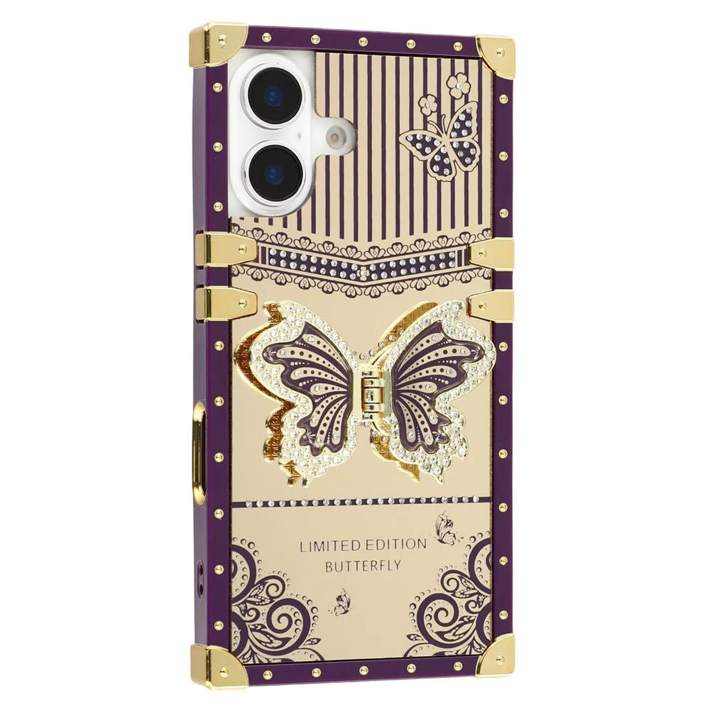 For iPhone 16 Plus Case Electroplated TPU + PC Phone Cover with Butterfly Kickstand - Dark Purple - 1