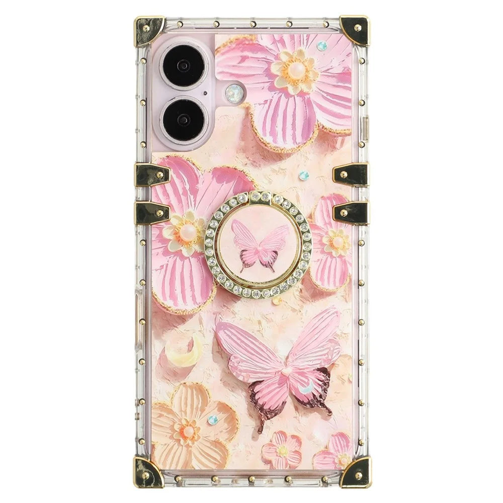 For iPhone 16 Case Stylish Flower Butterfly Pattern Ring Kickstand TPU + PC Phone Cover - Pink - 3