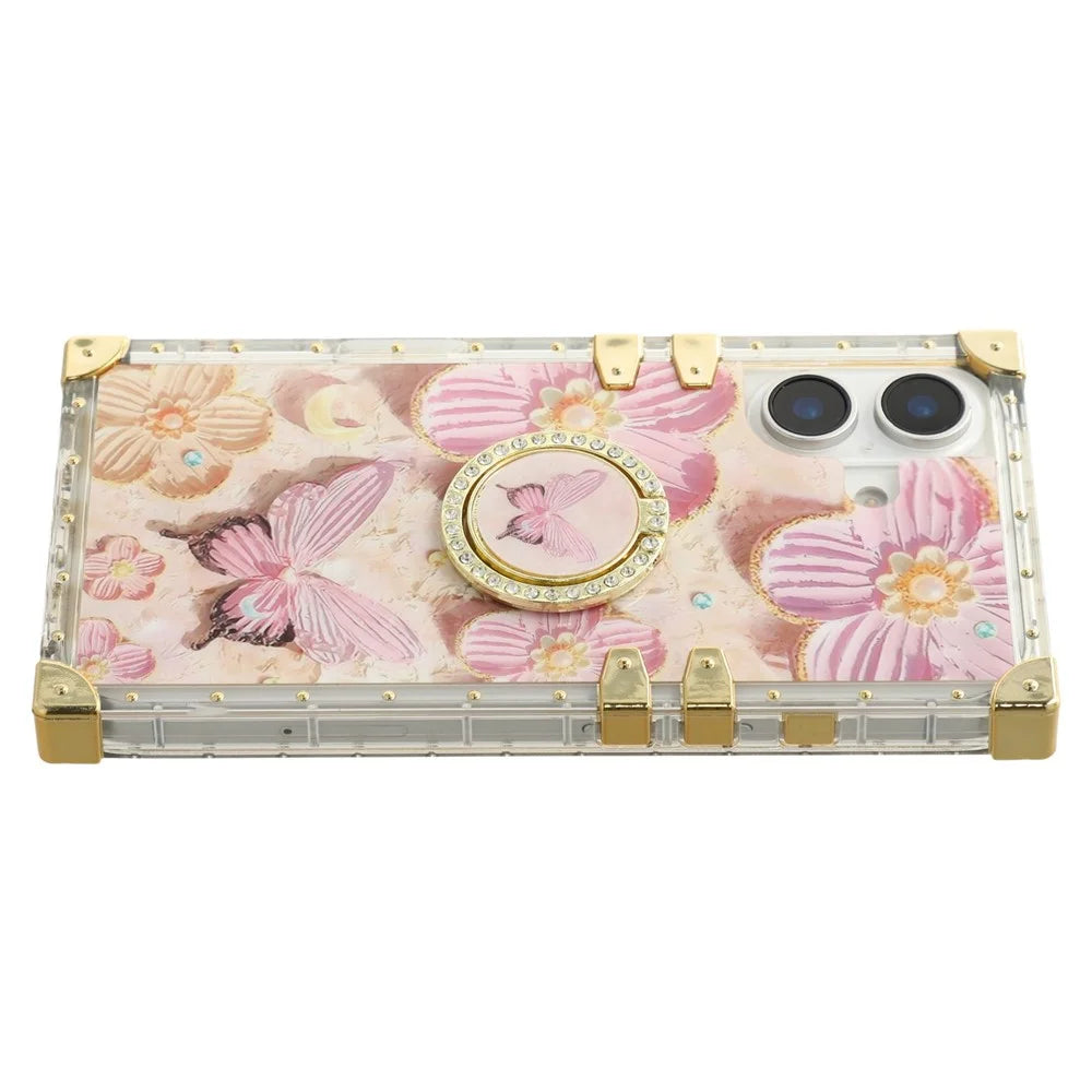 For iPhone 16 Case Stylish Flower Butterfly Pattern Ring Kickstand TPU + PC Phone Cover - Pink - 4