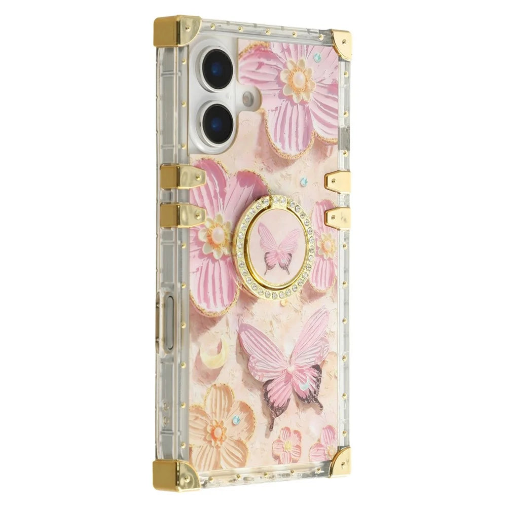 For iPhone 16 Plus Case Stylish Flower Butterfly Pattern Ring Kickstand TPU + PC Phone Cover - Pink - 1