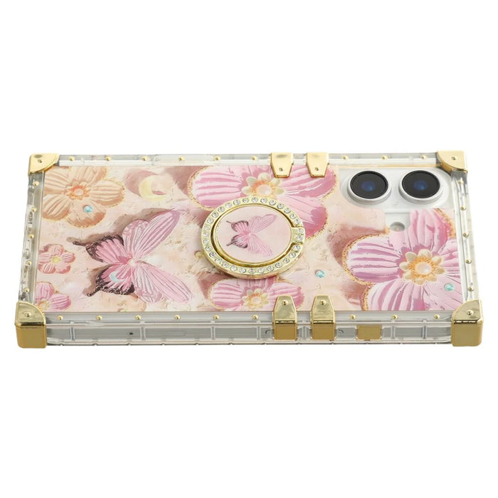 For iPhone 16 Plus Case Stylish Flower Butterfly Pattern Ring Kickstand TPU + PC Phone Cover - Pink - 4