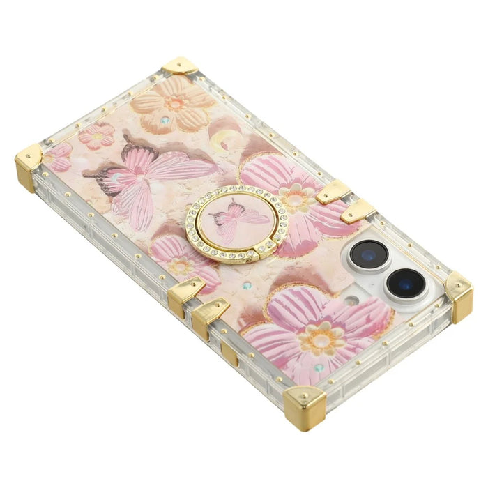 For iPhone 16 Plus Case Stylish Flower Butterfly Pattern Ring Kickstand TPU + PC Phone Cover - Pink - 7