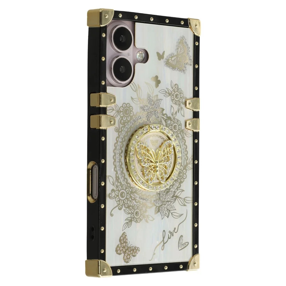 For iPhone 16 Cases Rhinestone Decor Butterfly Pattern TPU + PC Phone Cover - White - 1