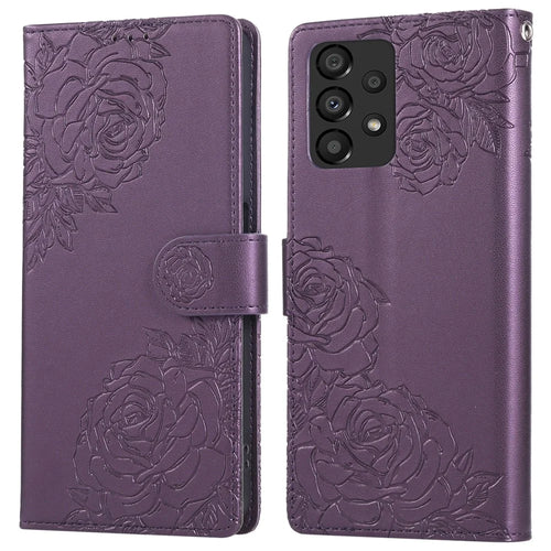 For Samsung Galaxy A33 5G Case Rose Flower PU Leather Wallet Phone Cover with 3 Card Slots - Dark Purple - 1