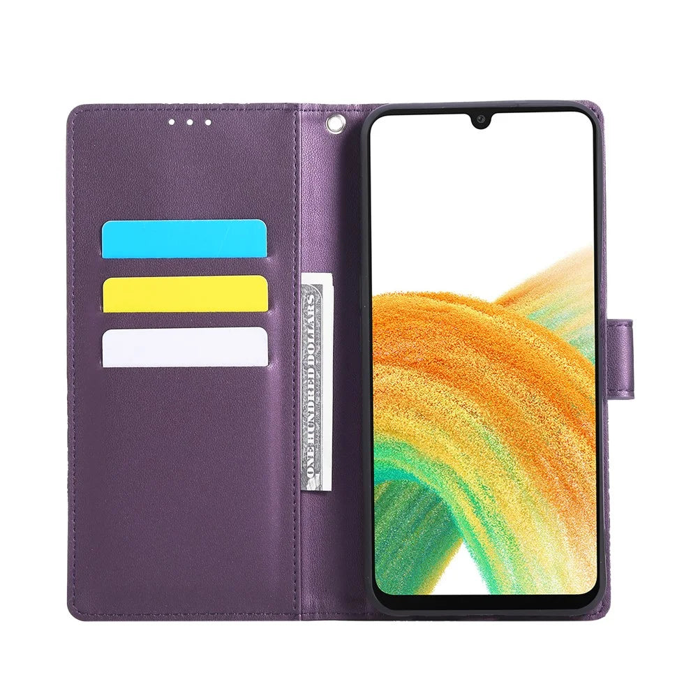 For Samsung Galaxy A33 5G Case Rose Flower PU Leather Wallet Phone Cover with 3 Card Slots - Dark Purple - 2