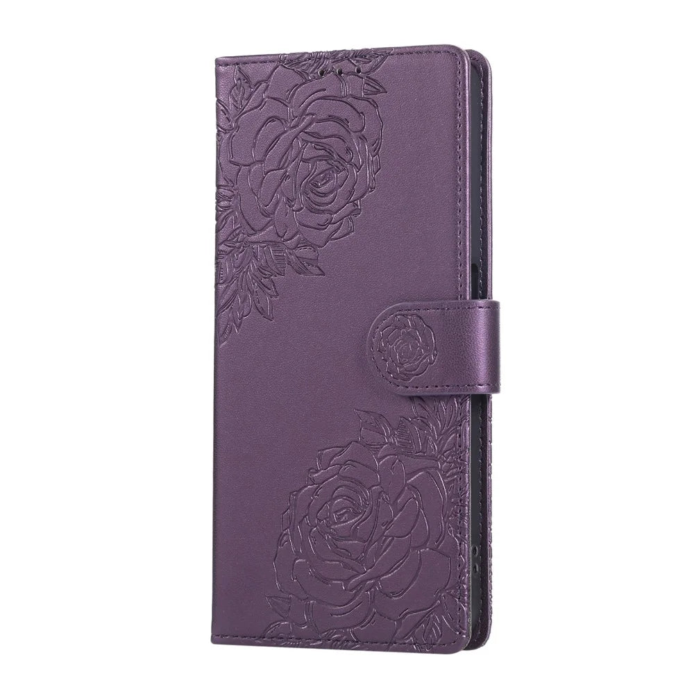 For Samsung Galaxy A33 5G Case Rose Flower PU Leather Wallet Phone Cover with 3 Card Slots - Dark Purple - 6