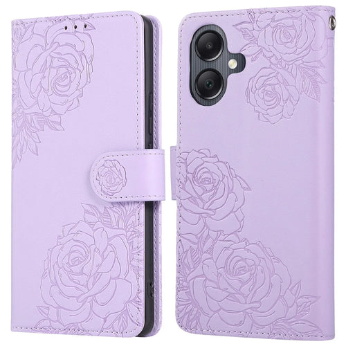 For Samsung Galaxy A05 4G Case Rose Flower PU Leather Wallet Phone Cover with 3 Card Slots - Light Purple - 1