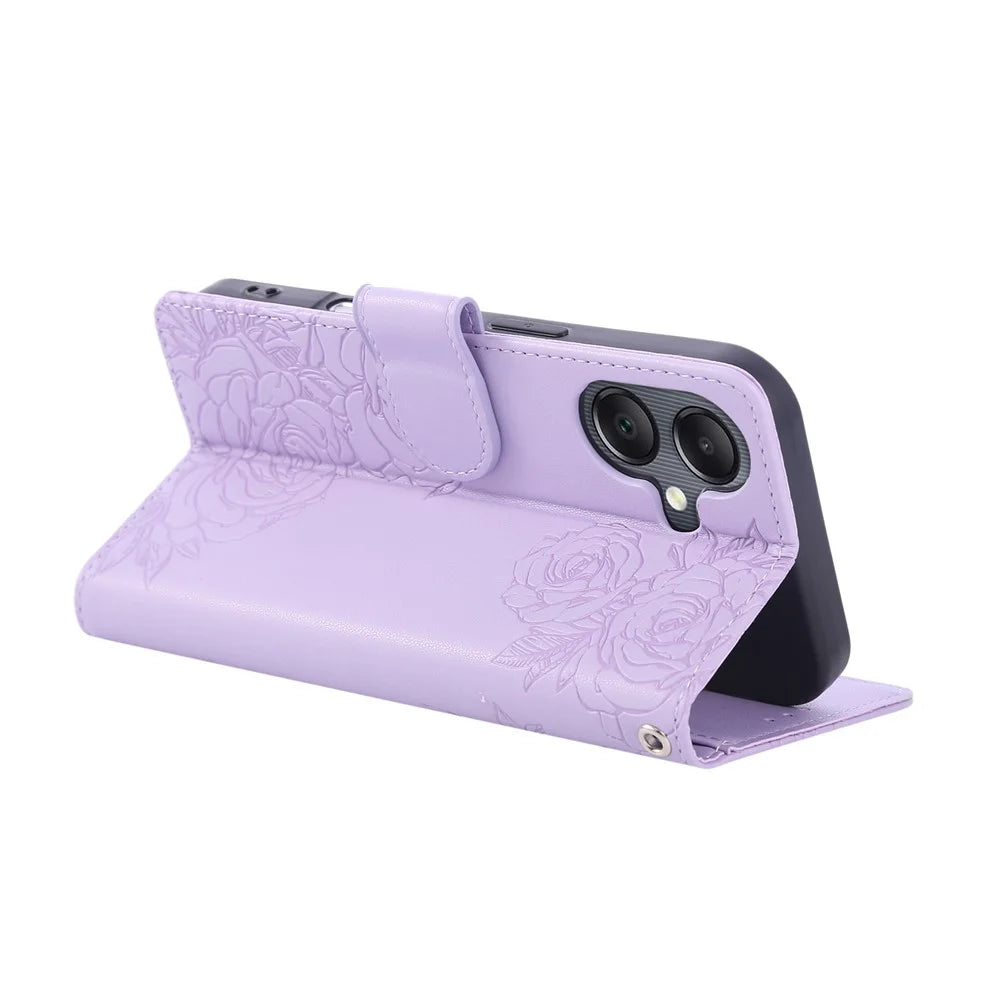 For Samsung Galaxy A05 4G Case Rose Flower PU Leather Wallet Phone Cover with 3 Card Slots - Light Purple - 4