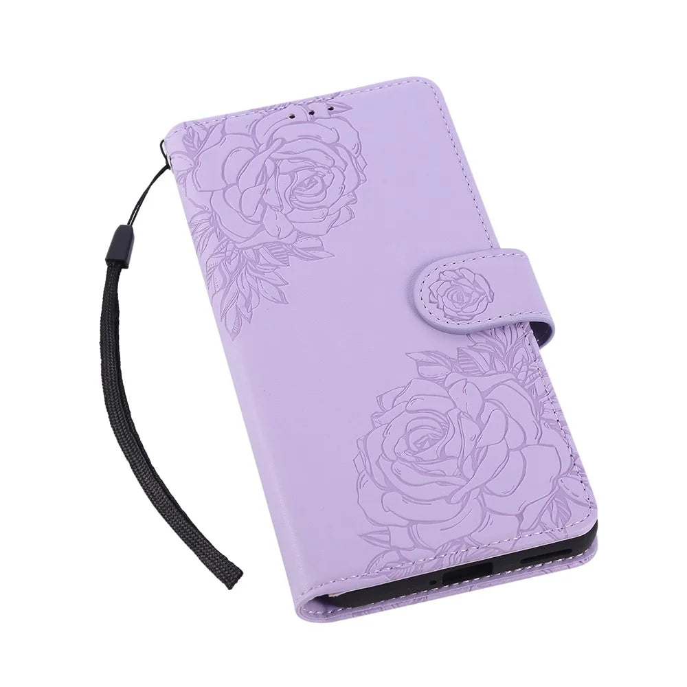 For Samsung Galaxy A05 4G Case Rose Flower PU Leather Wallet Phone Cover with 3 Card Slots - Light Purple - 5