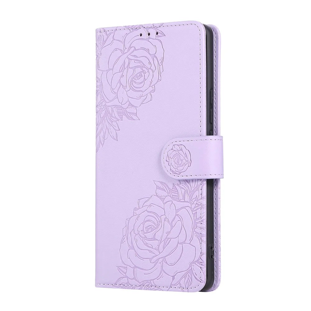 For Samsung Galaxy A05 4G Case Rose Flower PU Leather Wallet Phone Cover with 3 Card Slots - Light Purple - 6