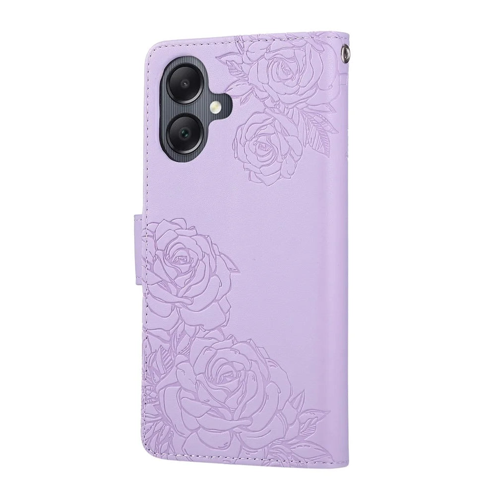 For Samsung Galaxy A05 4G Case Rose Flower PU Leather Wallet Phone Cover with 3 Card Slots - Light Purple - 7
