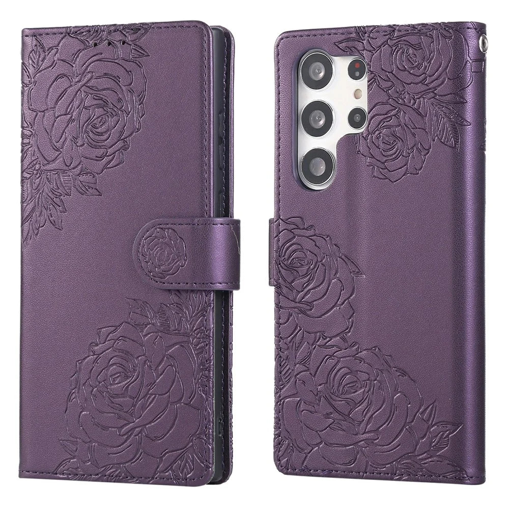 For Samsung Galaxy S23 Ultra Case Rose Flower PU Leather Wallet Phone Cover with 3 Card Slots - Dark Purple - 1