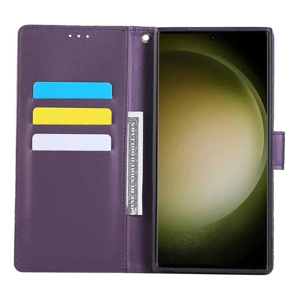 For Samsung Galaxy S23 Ultra Case Rose Flower PU Leather Wallet Phone Cover with 3 Card Slots - Dark Purple - 2