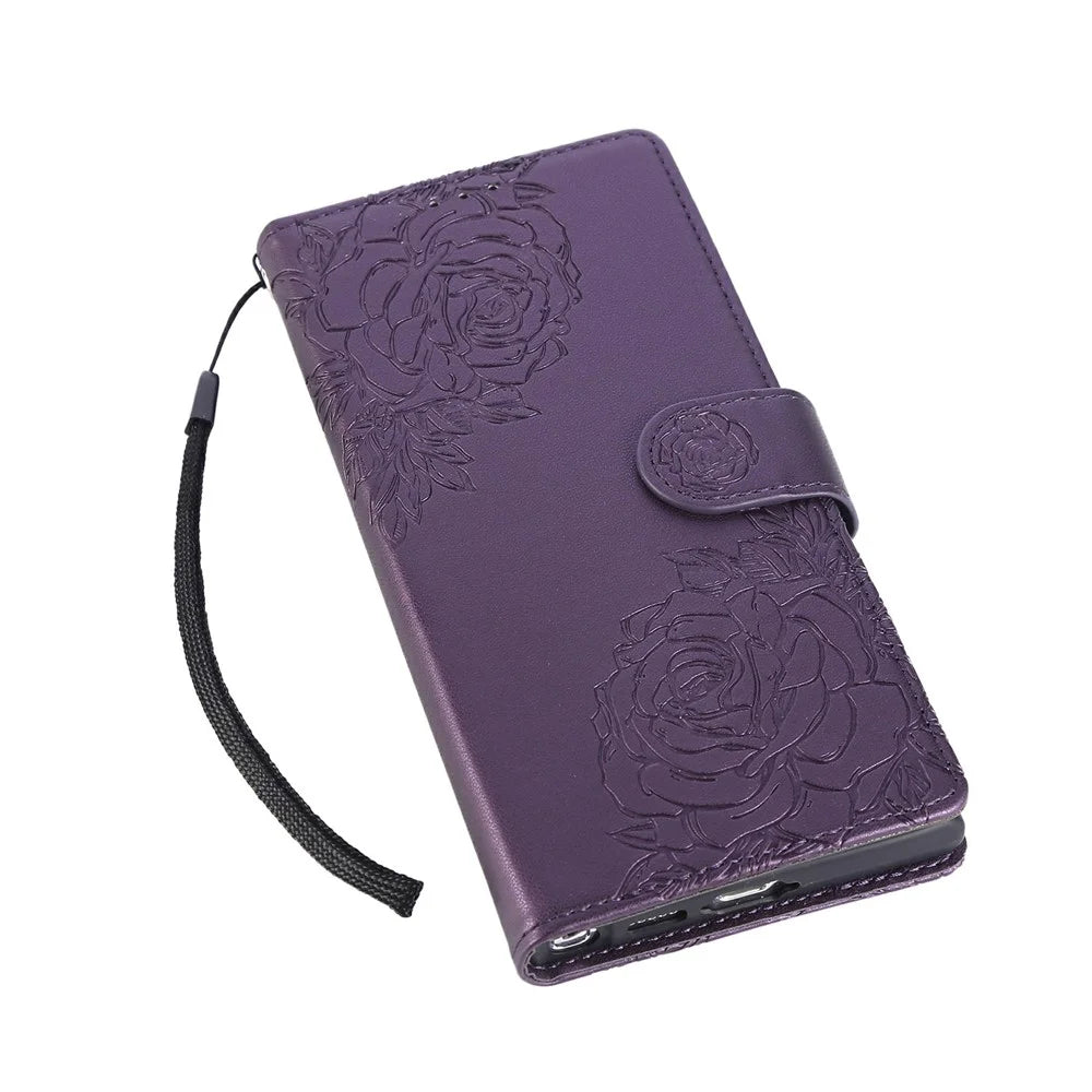 For Samsung Galaxy S23 Ultra Case Rose Flower PU Leather Wallet Phone Cover with 3 Card Slots - Dark Purple - 5