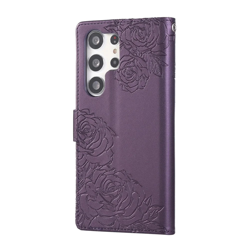 For Samsung Galaxy S23 Ultra Case Rose Flower PU Leather Wallet Phone Cover with 3 Card Slots - Dark Purple - 7