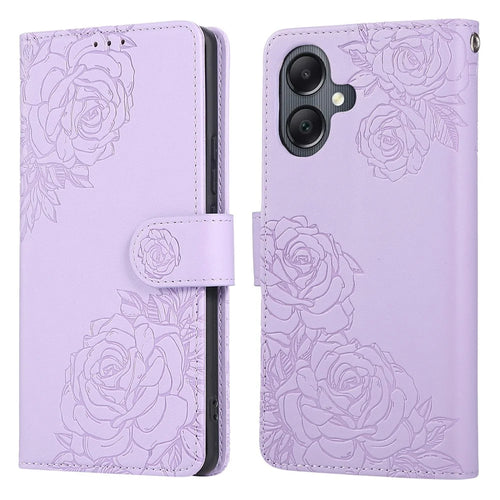 For Samsung Galaxy A06 4G Case Rose Flower PU Leather Wallet Phone Cover with 3 Card Slots - Light Purple - 1