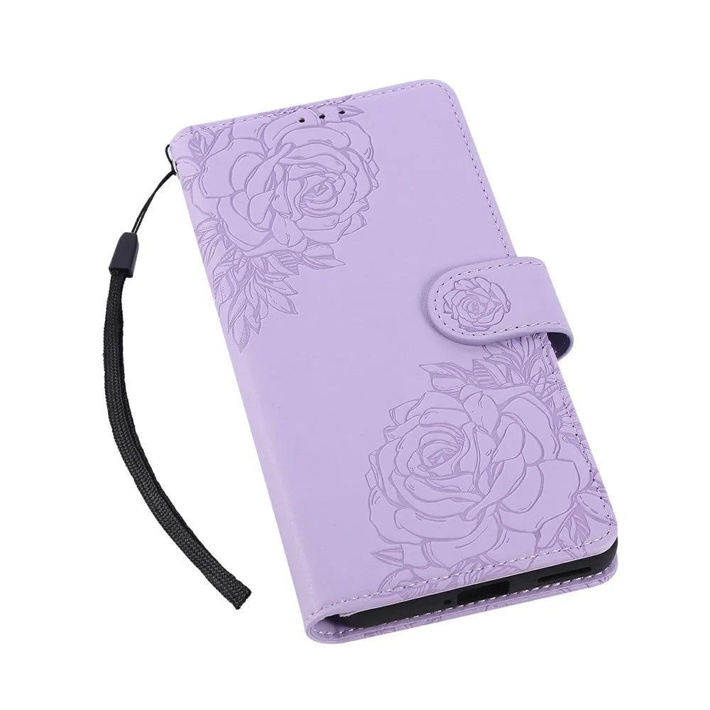 For Samsung Galaxy A06 4G Case Rose Flower PU Leather Wallet Phone Cover with 3 Card Slots - Light Purple - 5