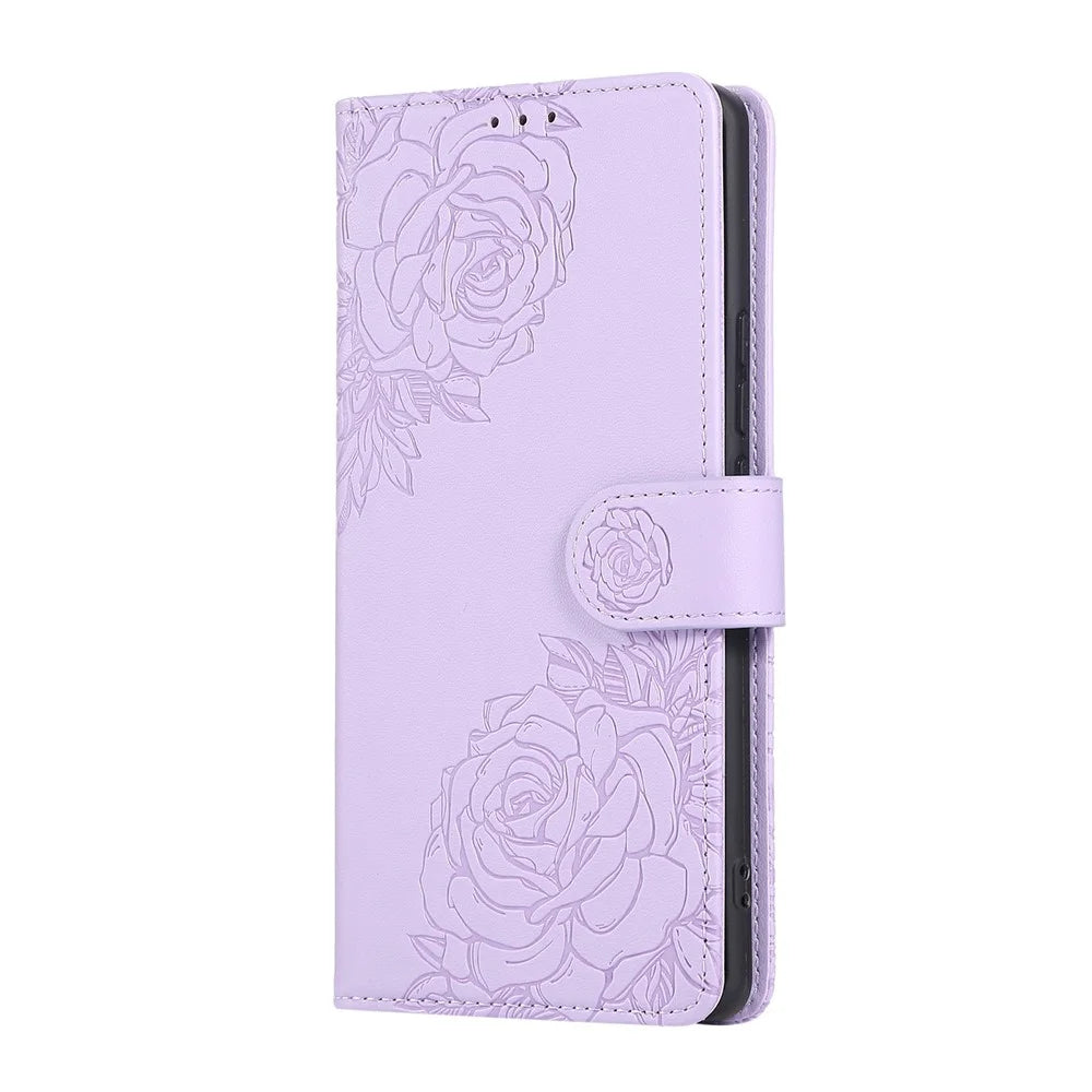For Samsung Galaxy A06 4G Case Rose Flower PU Leather Wallet Phone Cover with 3 Card Slots - Light Purple - 6