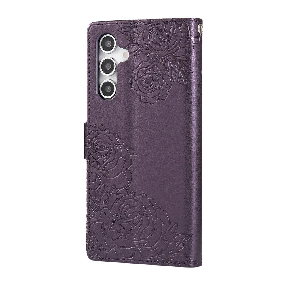 For Samsung Galaxy A55 5G Case Rose Flower PU Leather Wallet Phone Cover with 3 Card Slots - Dark Purple - 7