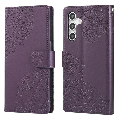 For Samsung Galaxy A14 4G / 5G Case Rose Flower PU Leather Wallet Phone Cover with 3 Card Slots - Dark Purple - 1