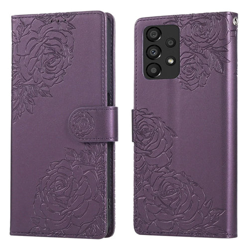 For Samsung Galaxy A23 5G (Global Version)  /  A23 4G Case Rose Flower PU Leather Wallet Phone Cover with 3 Card Slots - Dark Purple - 1