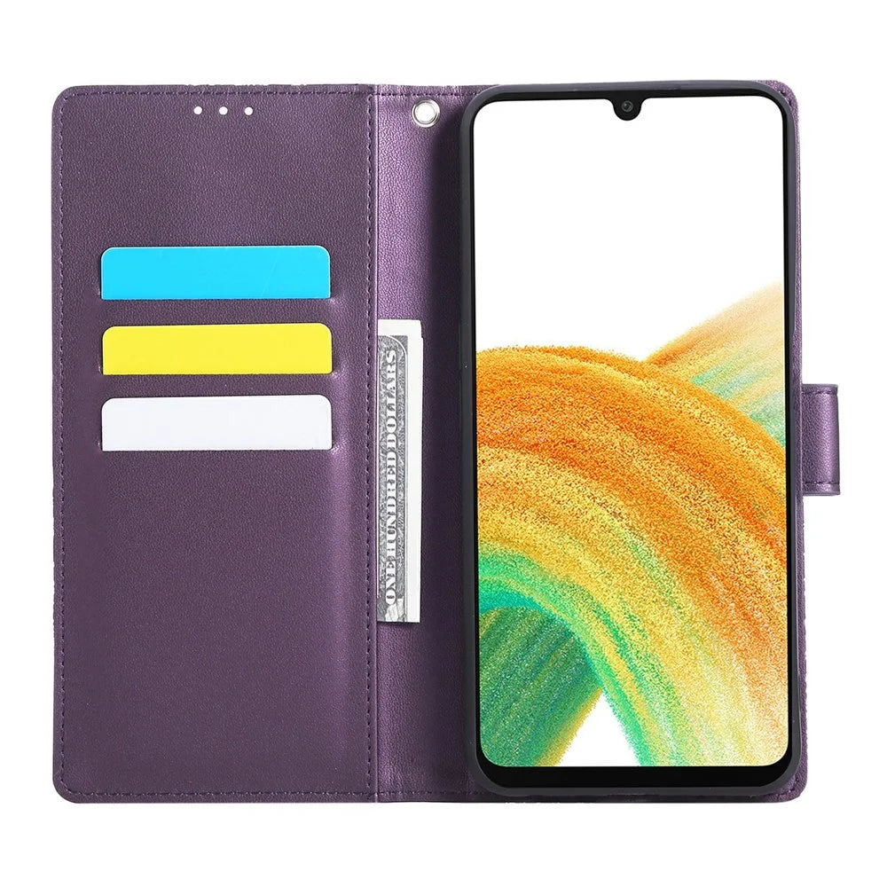 For Samsung Galaxy A23 5G (Global Version)  /  A23 4G Case Rose Flower PU Leather Wallet Phone Cover with 3 Card Slots - Dark Purple - 2