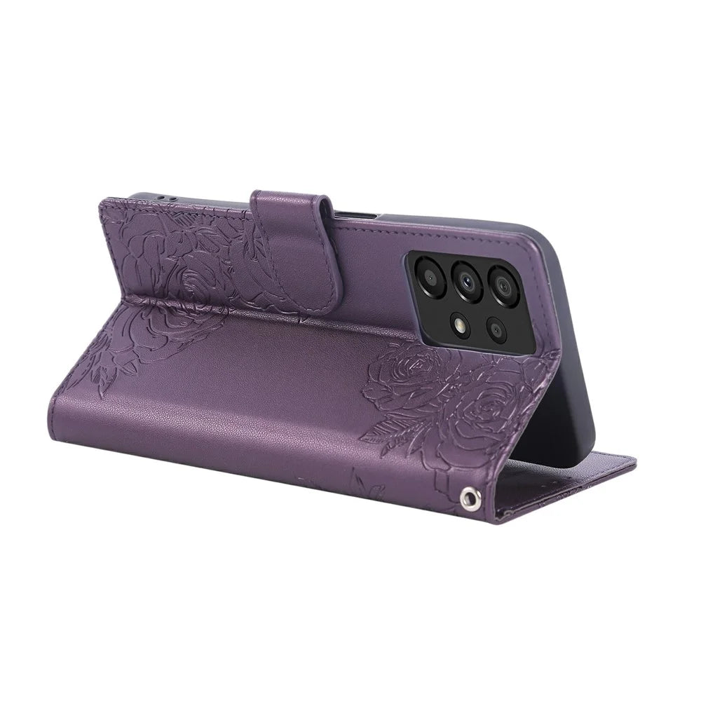For Samsung Galaxy A23 5G (Global Version)  /  A23 4G Case Rose Flower PU Leather Wallet Phone Cover with 3 Card Slots - Dark Purple - 3