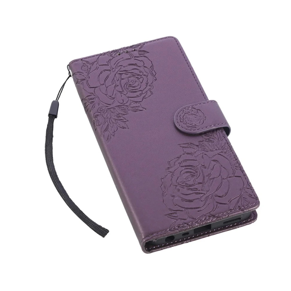 For Samsung Galaxy A23 5G (Global Version)  /  A23 4G Case Rose Flower PU Leather Wallet Phone Cover with 3 Card Slots - Dark Purple - 5