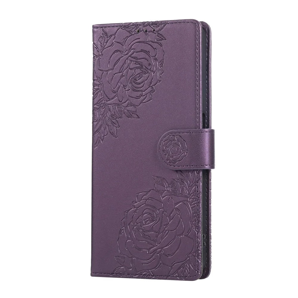 For Samsung Galaxy A23 5G (Global Version)  /  A23 4G Case Rose Flower PU Leather Wallet Phone Cover with 3 Card Slots - Dark Purple - 6