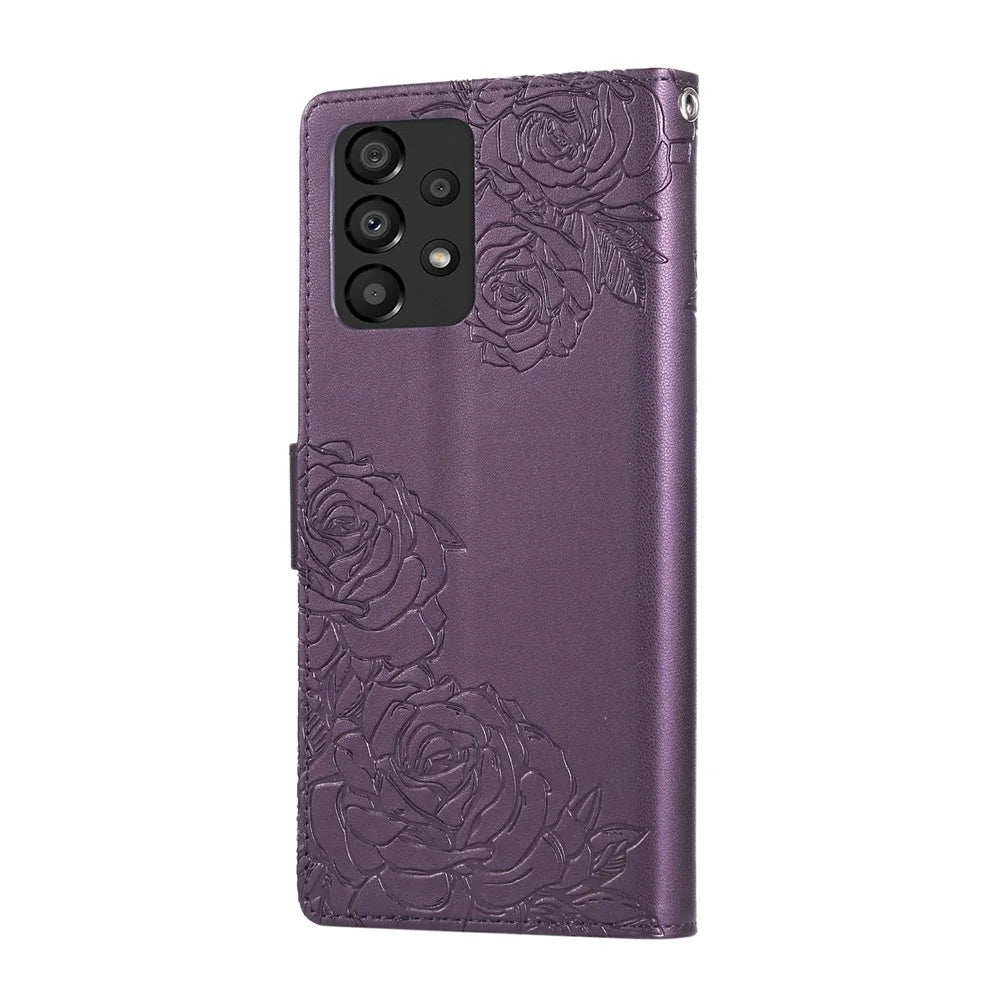 For Samsung Galaxy A23 5G (Global Version)  /  A23 4G Case Rose Flower PU Leather Wallet Phone Cover with 3 Card Slots - Dark Purple - 7
