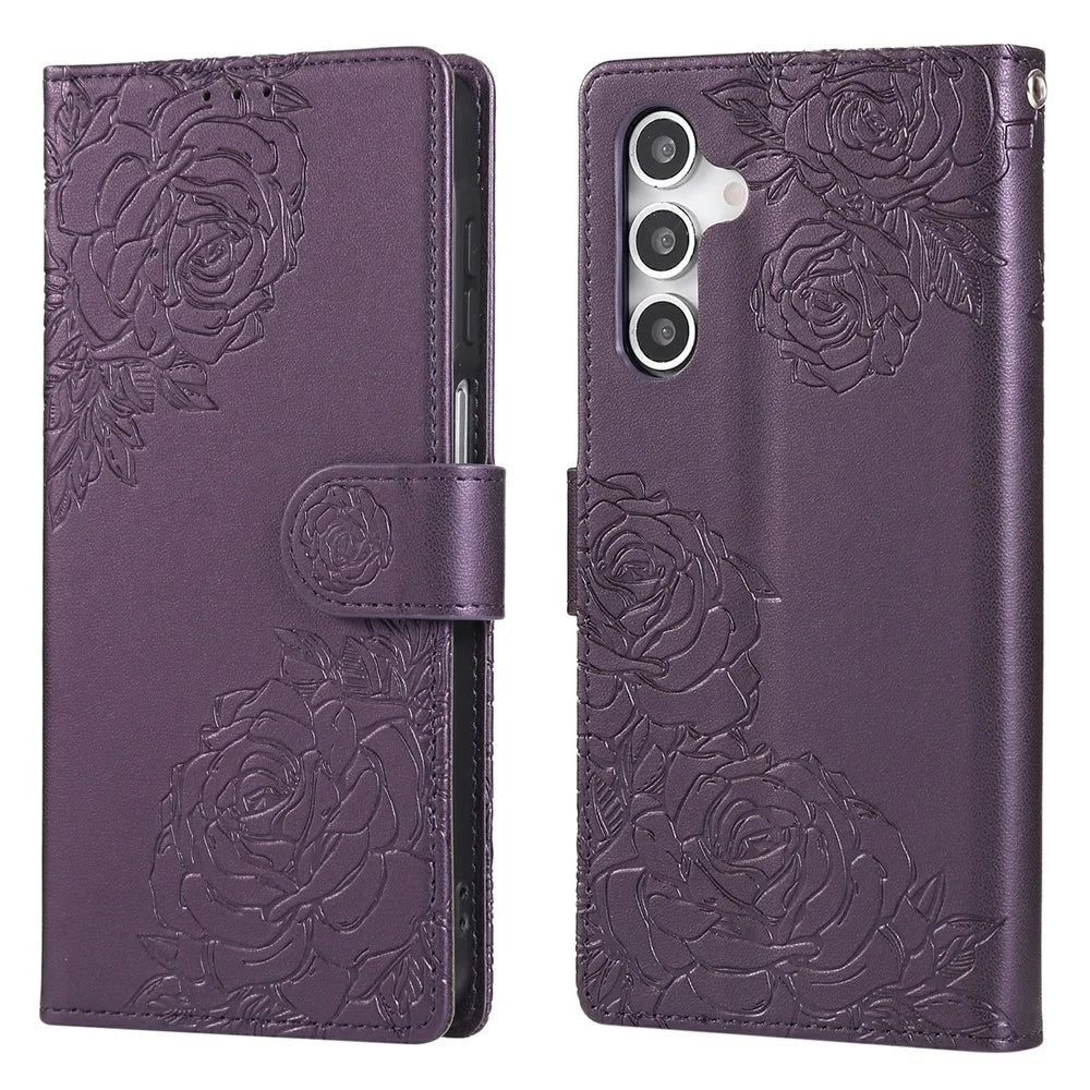 For Samsung Galaxy S24 FE Case Rose Flower PU Leather Wallet Phone Cover with 3 Card Slots - Dark Purple - 1