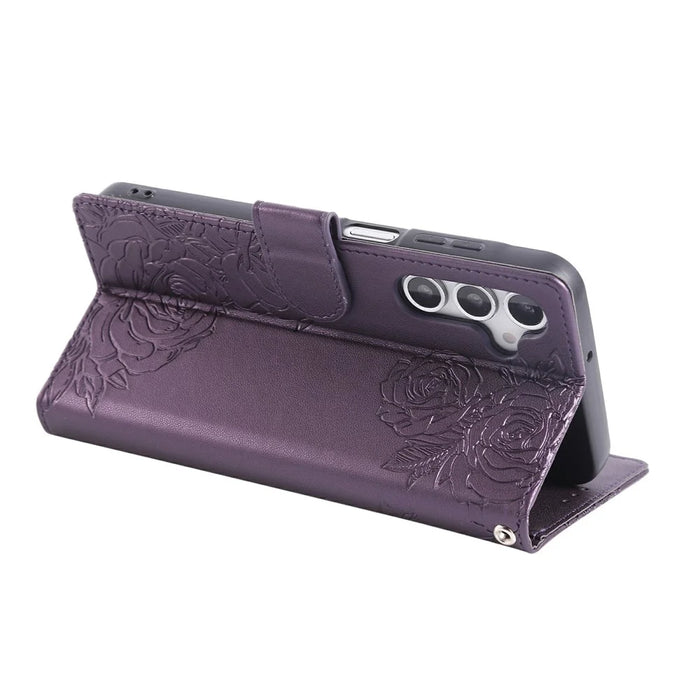For Samsung Galaxy S24 FE Case Rose Flower PU Leather Wallet Phone Cover with 3 Card Slots - Dark Purple - 3