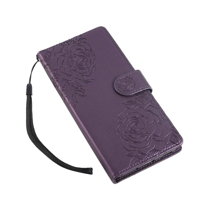 For Samsung Galaxy S24 FE Case Rose Flower PU Leather Wallet Phone Cover with 3 Card Slots - Dark Purple - 5