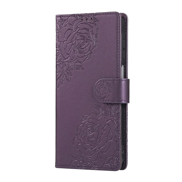 For Samsung Galaxy S24 FE Case Rose Flower PU Leather Wallet Phone Cover with 3 Card Slots - Dark Purple - 6