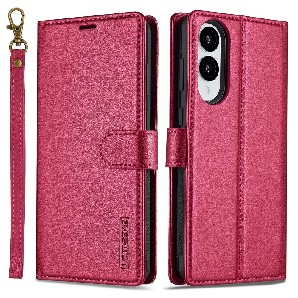 LC.IMEEKE L2 Series for Samsung Galaxy S25 Edge Case PU Leather Wallet Detachable Magnetic Phone Cover - Red - 1