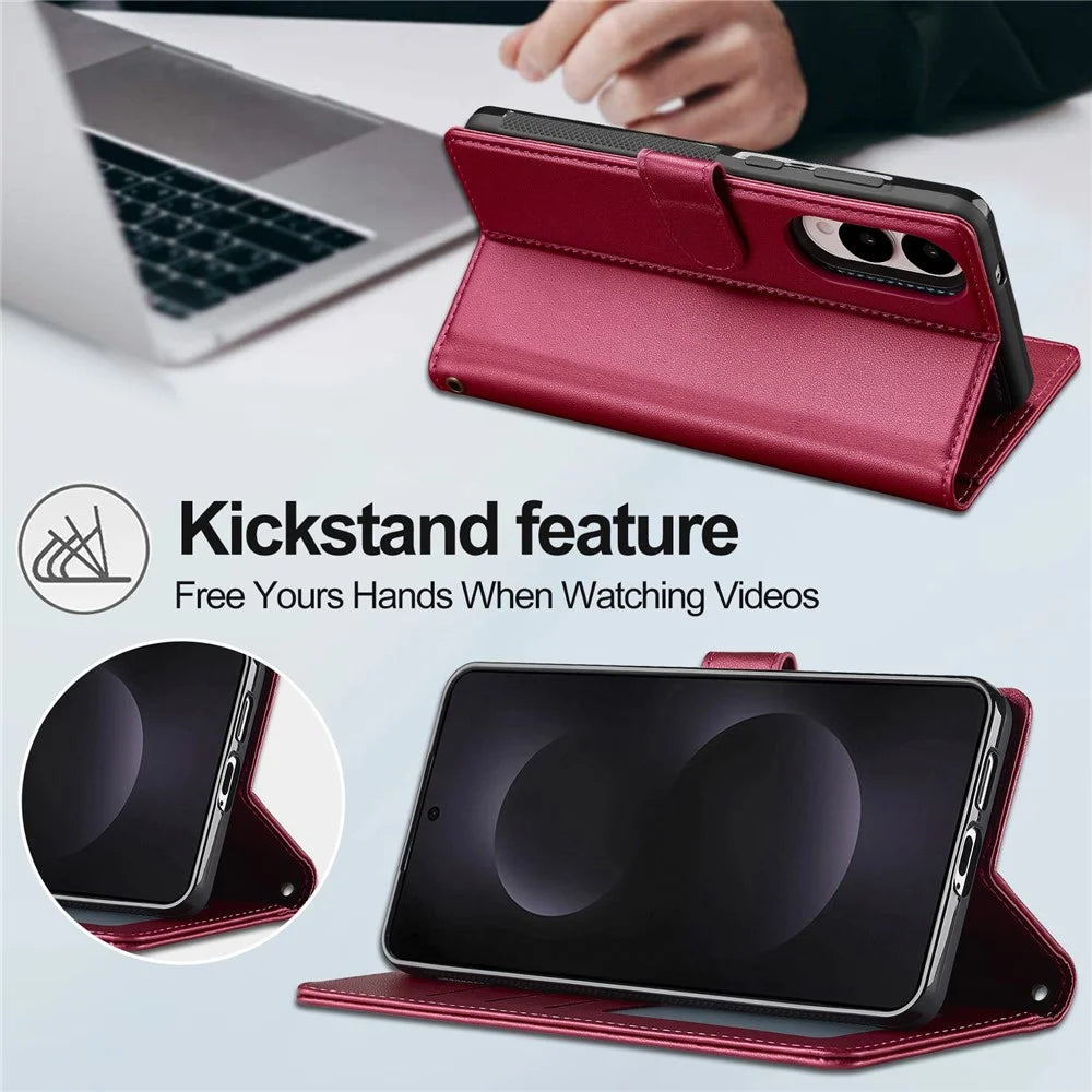 LC.IMEEKE L2 Series for Samsung Galaxy S25 Edge Case PU Leather Wallet Detachable Magnetic Phone Cover - Red - 3