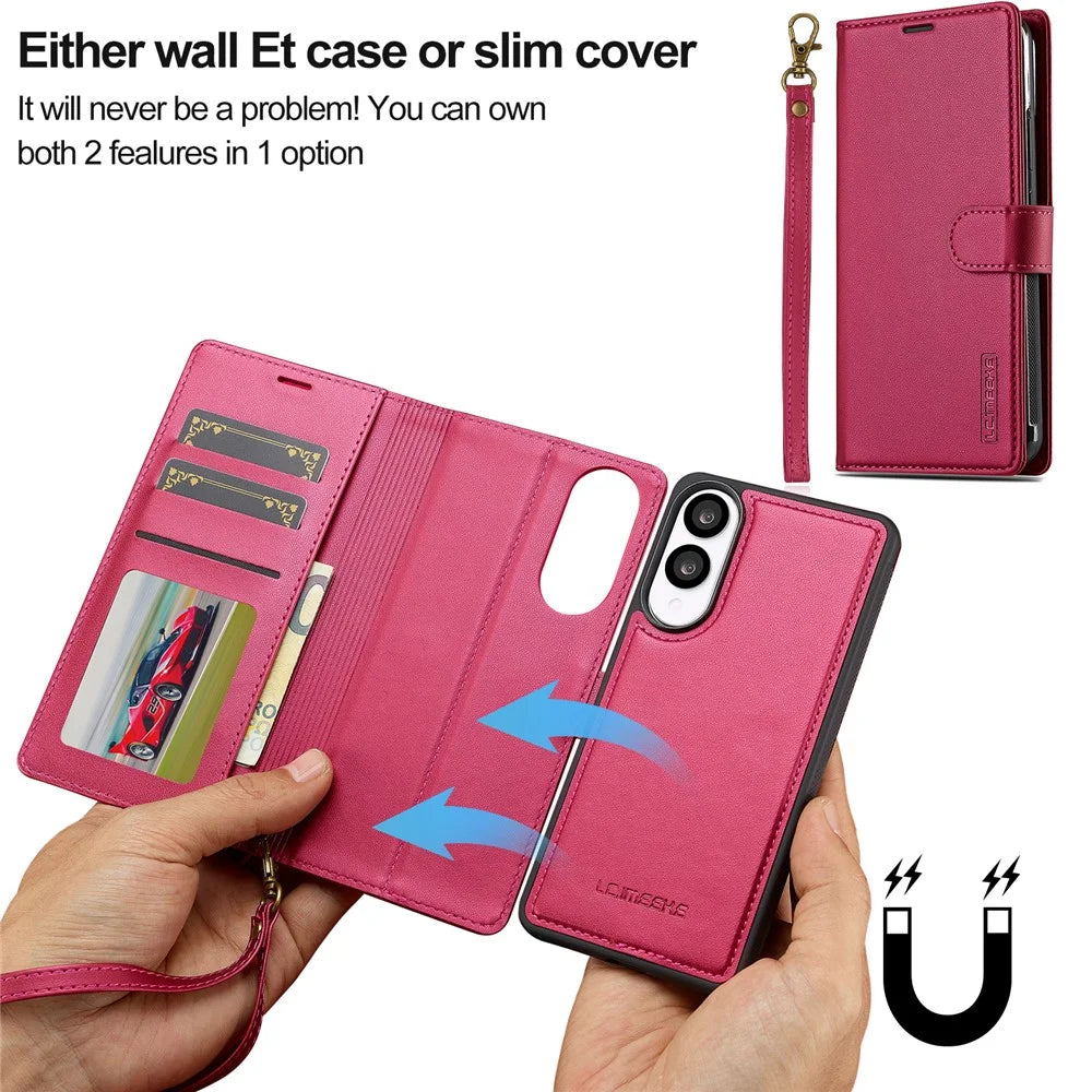 LC.IMEEKE L2 Series for Samsung Galaxy S25 Edge Case PU Leather Wallet Detachable Magnetic Phone Cover - Red - 4