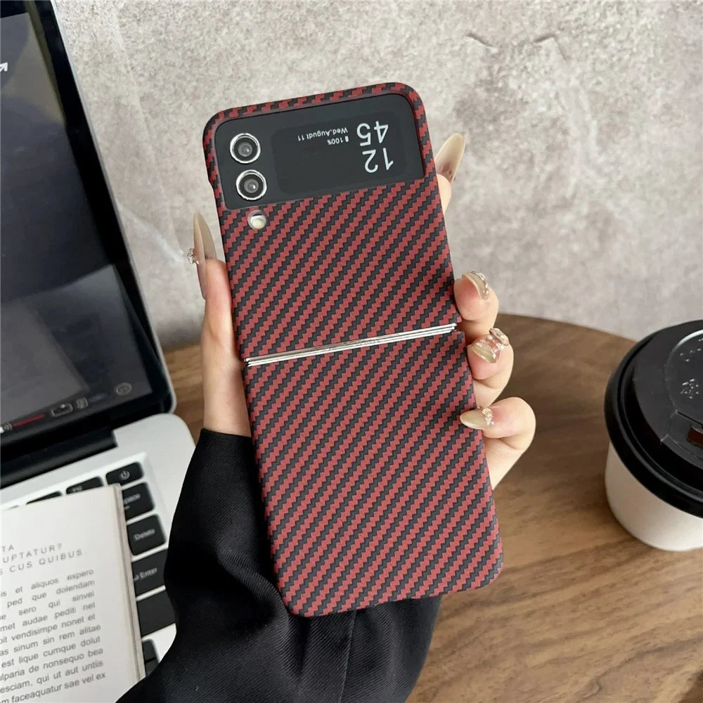 For Samsung Galaxy Z Flip3 5G Magnetic Case Carbon Fiber Texture Slim Shockproof PC Phone Cover - Red - 2