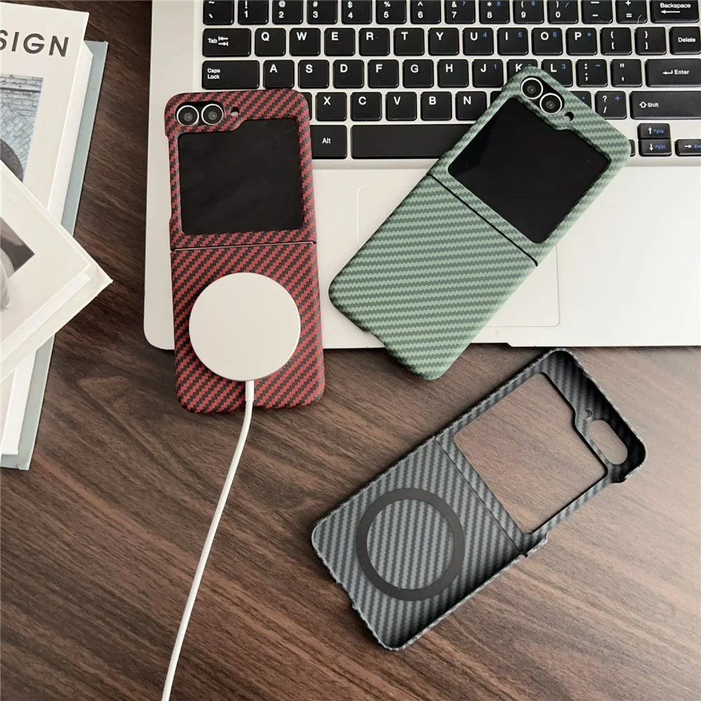 For Samsung Galaxy Z Flip5 5G Magnetic Case Carbon Fiber Texture Slim Shockproof PC Phone Cover - Red - 4