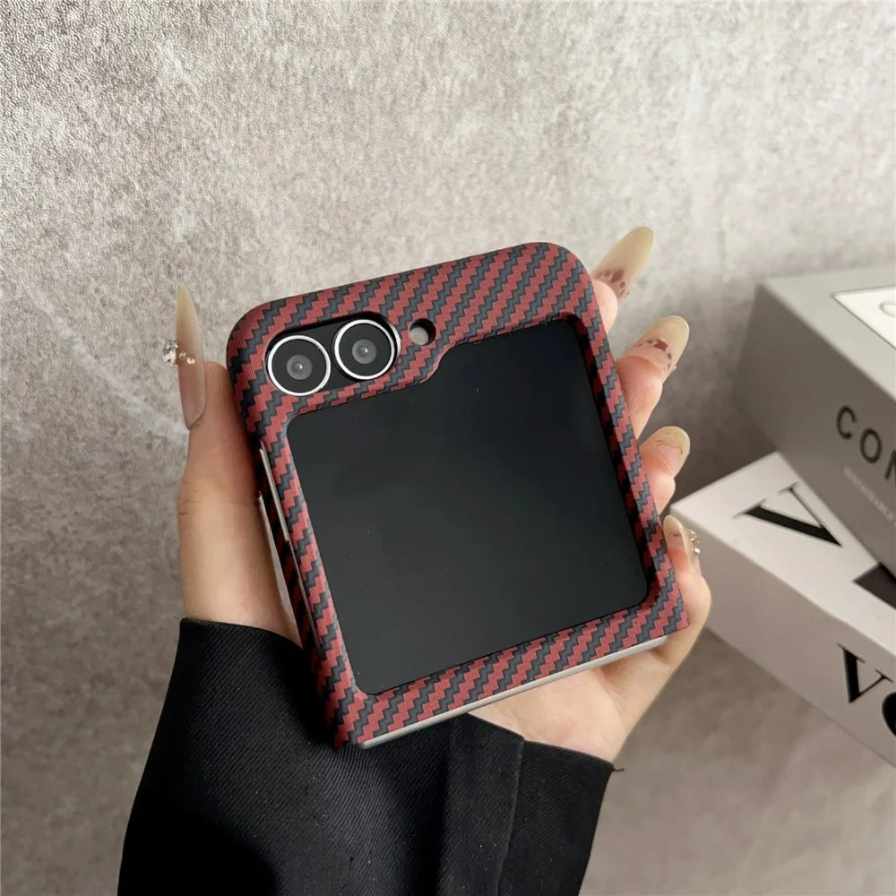 For Samsung Galaxy Z Flip5 5G Magnetic Case Carbon Fiber Texture Slim Shockproof PC Phone Cover - Red - 5